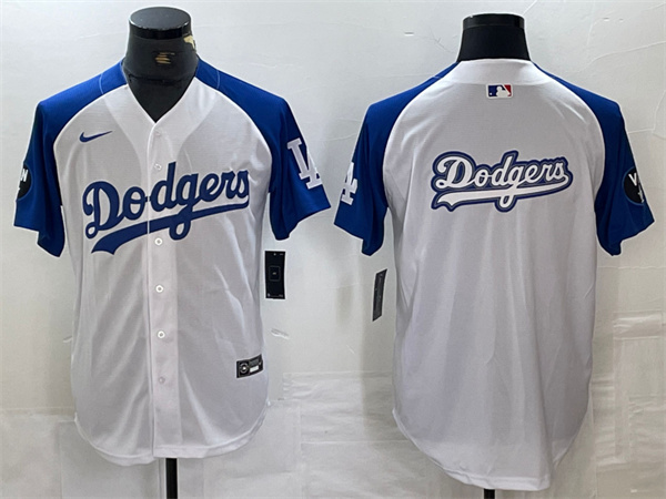 Men's Los Angeles Dodgers Team Big Logo White/Blue Vin Patch Cool Base Stitched Baseball Jersey